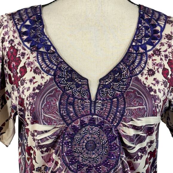 One World Medium Tunic Top Floral Sublimation Stretch Crochet V-Neck Pullover - Picture 2 of 8